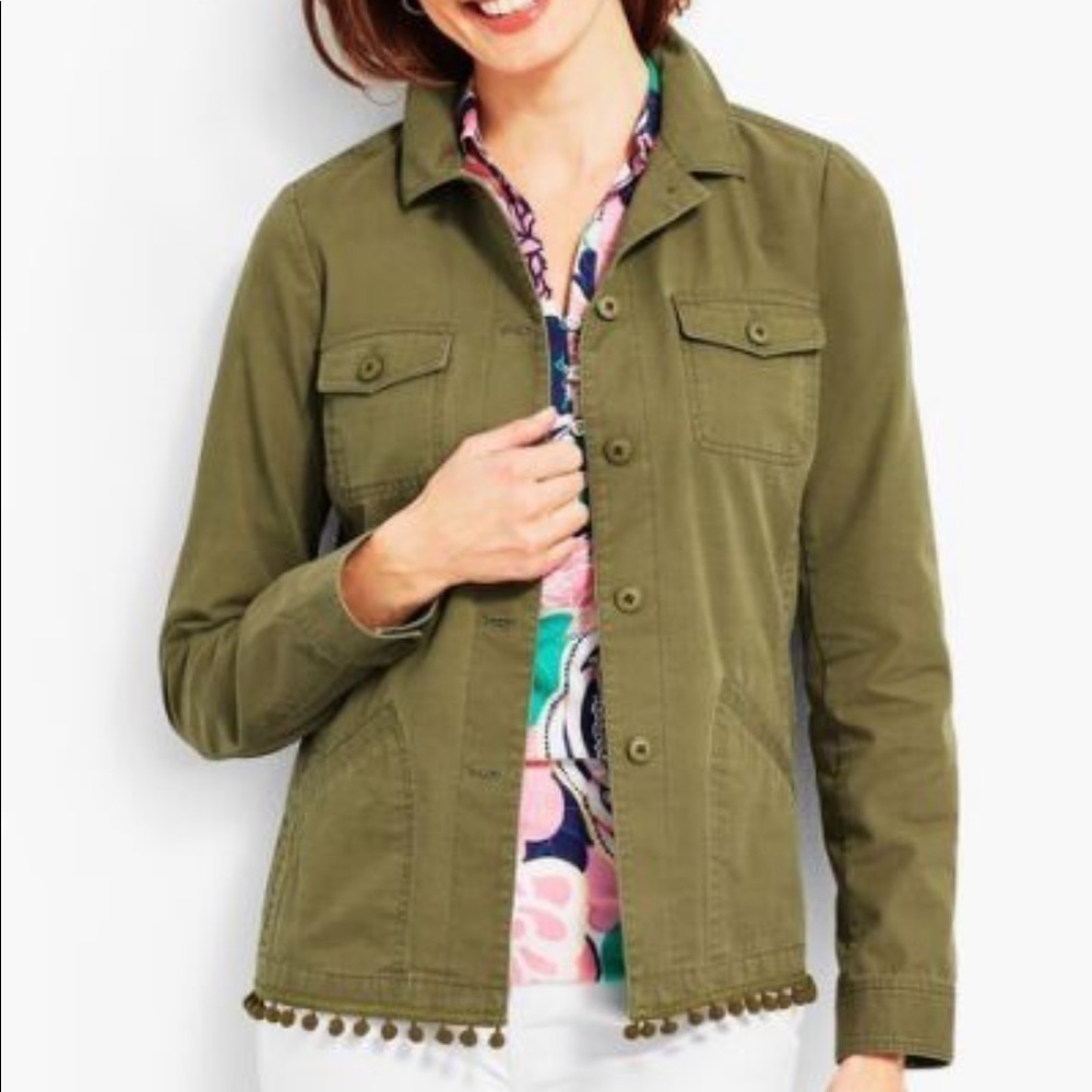 NWOT Talbots Pom Pom Twill Army Green Olive Jacket XP Classy Artsy Minimalist